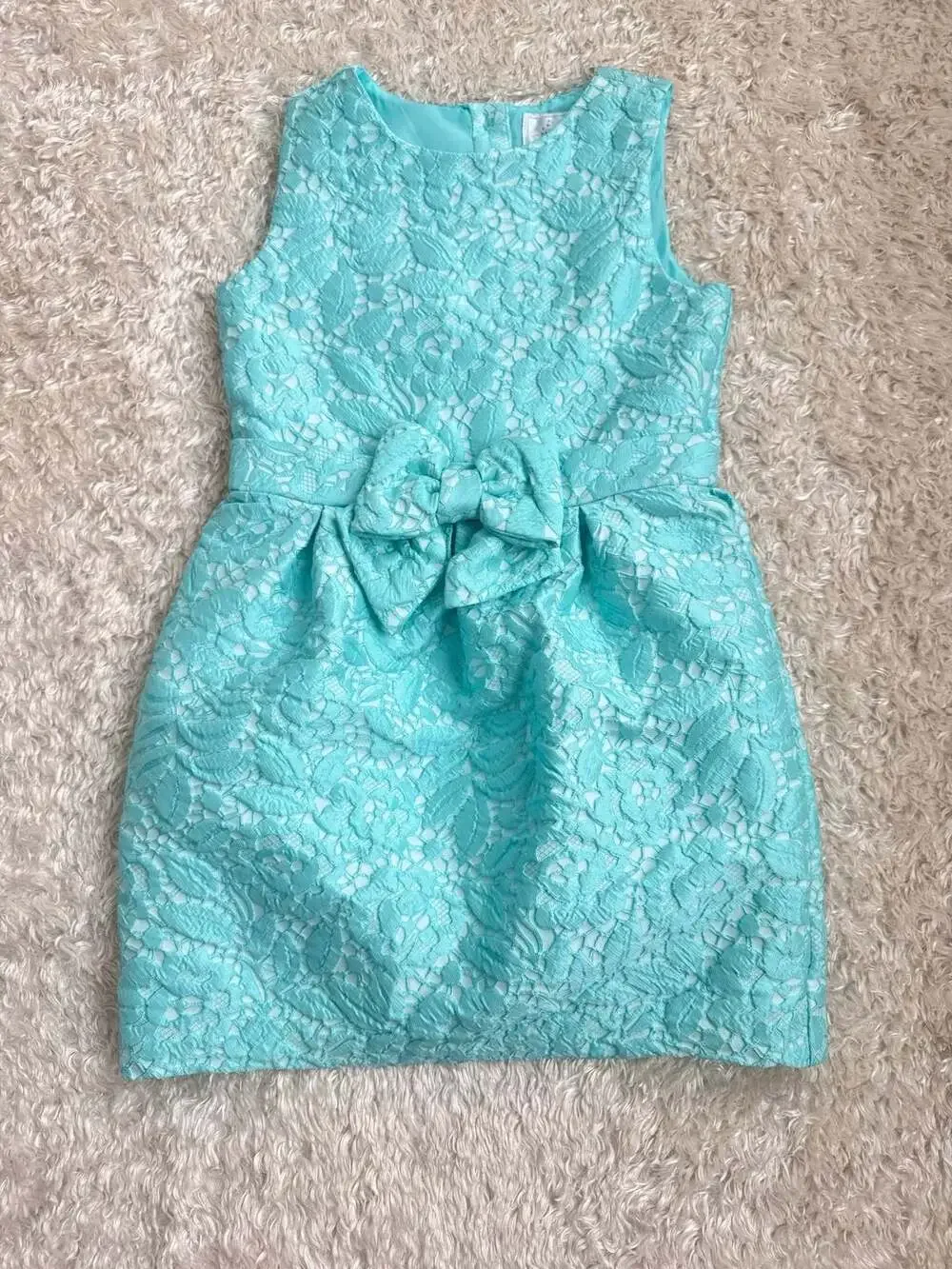 Dressed Up by Gymboree Girls Aqua Mint Jacquard Floral Lace Bow Dress Size 8